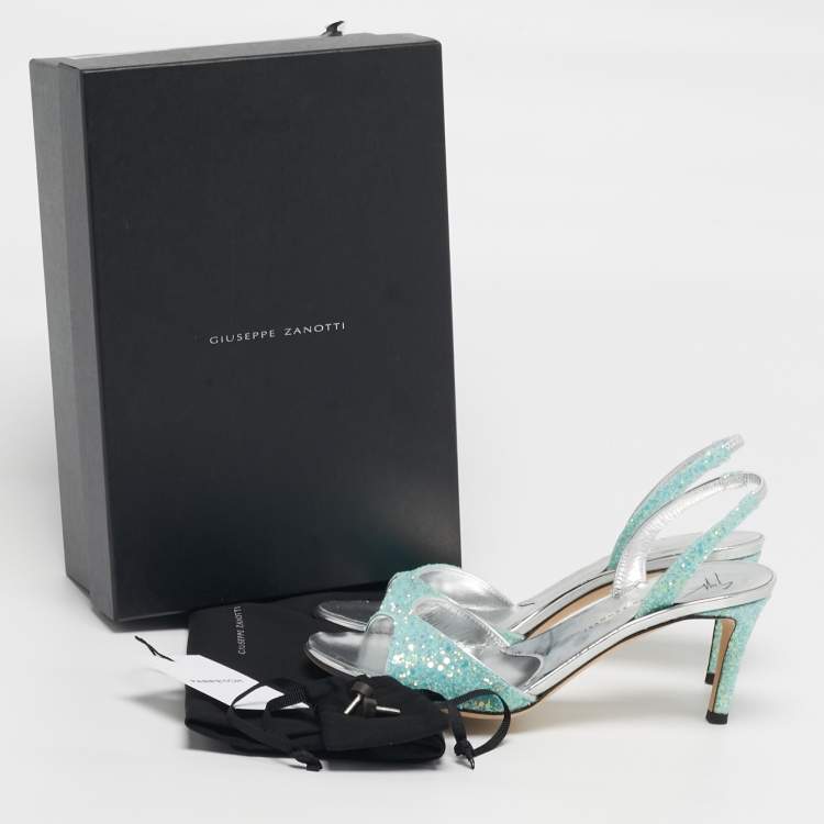 Pre Owned Giuseppe Zanotti Lilibeth Size 37 Aqua Blue Glitter Slingback Sandals