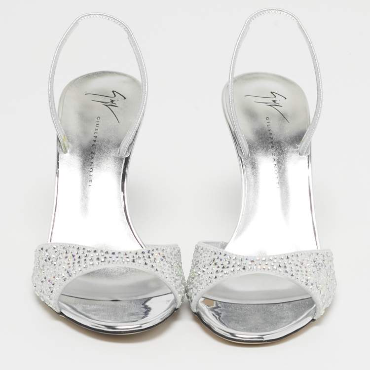 Pre Owned Giuseppe Zanotti Lilibeth Starlight Size 37 Light Grey Suede Crystal Embellished Slingback Sandals