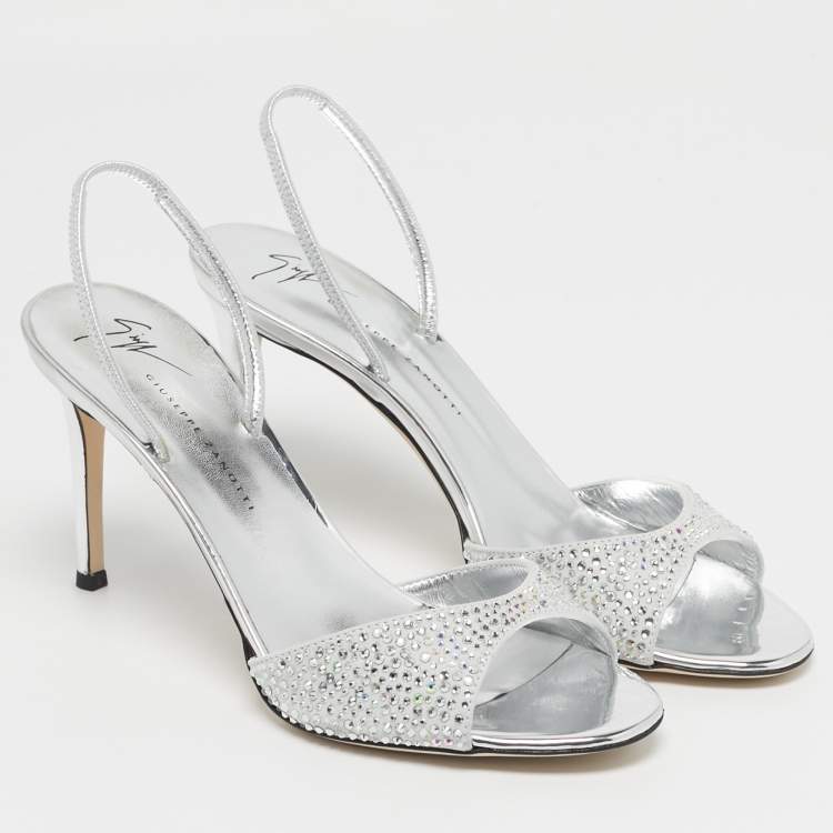 Pre Owned Giuseppe Zanotti Lilibeth Starlight Size 37 Light Grey Suede Crystal Embellished Slingback Sandals