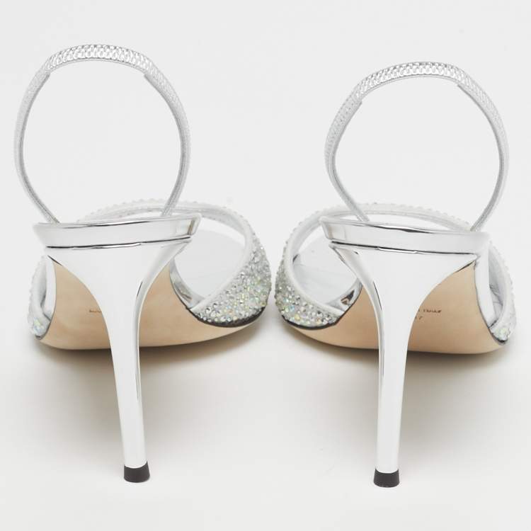 Pre Owned Giuseppe Zanotti Lilibeth Starlight Size 37 Light Grey Suede Crystal Embellished Slingback Sandals