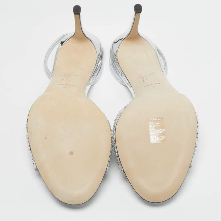 Pre Owned Giuseppe Zanotti Lilibeth Starlight Size 37 Light Grey Suede Crystal Embellished Slingback Sandals