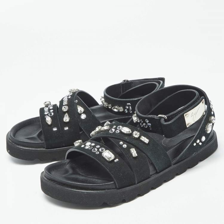 Pre Owned Giuseppe Zanotti Crystal Embellished Size 36 Black Suede Flat Sandals