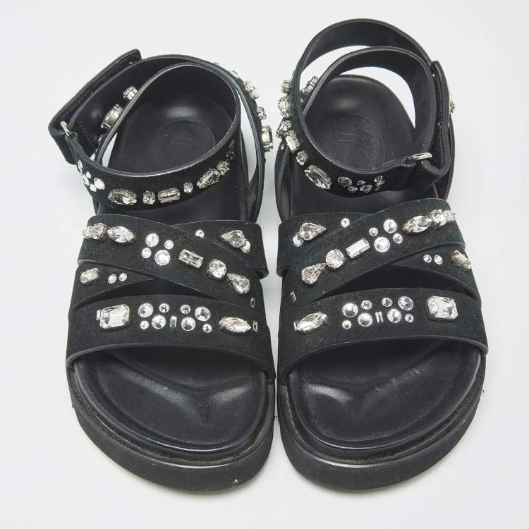 Pre Owned Giuseppe Zanotti Crystal Embellished Size 36 Black Suede Flat Sandals