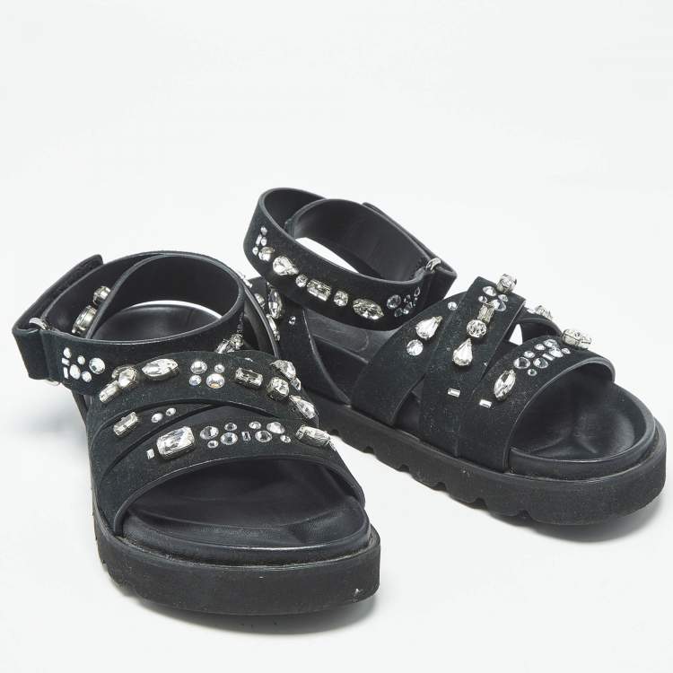 Pre Owned Giuseppe Zanotti Crystal Embellished Size 36 Black Suede Flat Sandals