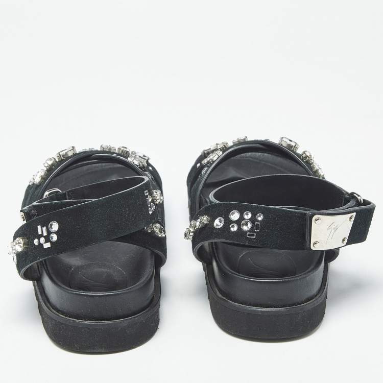 Pre Owned Giuseppe Zanotti Crystal Embellished Size 36 Black Suede Flat Sandals
