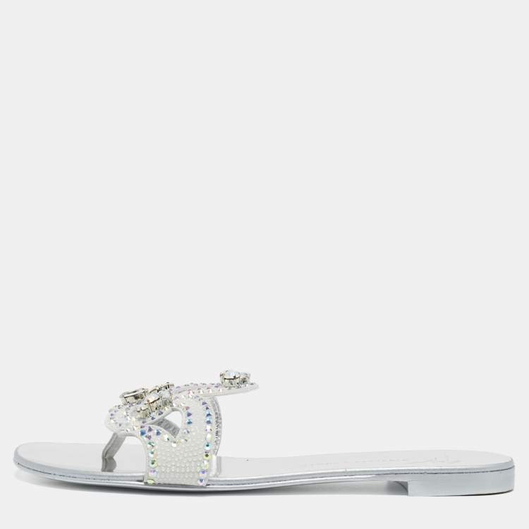 Pre Owned Giuseppe Zanotti Turchesite Size 37 White Suede Crystal Embellished Flat Slide Sandals