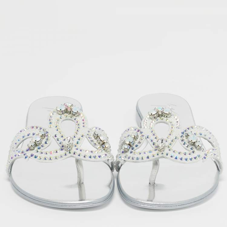 Pre Owned Giuseppe Zanotti Turchesite Size 37 White Suede Crystal Embellished Flat Slide Sandals