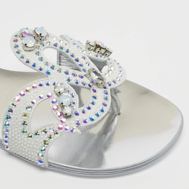 Pre Owned Giuseppe Zanotti Turchesite Size 37 White Suede Crystal Embellished Flat Slide Sandals