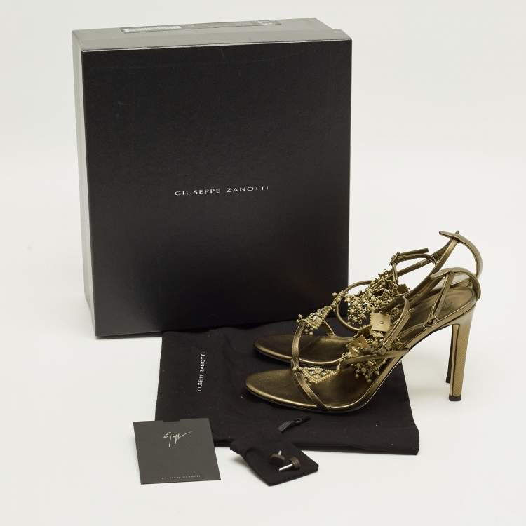 Pre Owned Giuseppe Zanotti Amira Size 37 Olive Green Leather Charm Embellished Gladiator Sandals