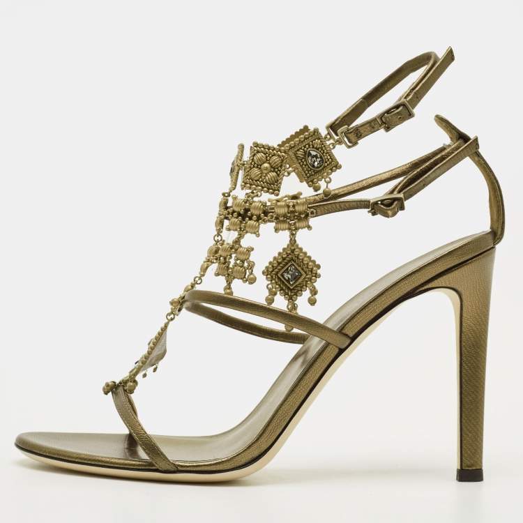 Pre Owned Giuseppe Zanotti Amira Size 37 Olive Green Leather Charm Embellished Gladiator Sandals