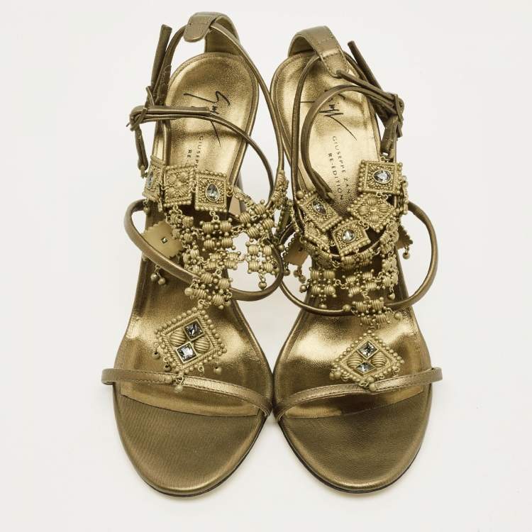 Pre Owned Giuseppe Zanotti Amira Size 37 Olive Green Leather Charm Embellished Gladiator Sandals