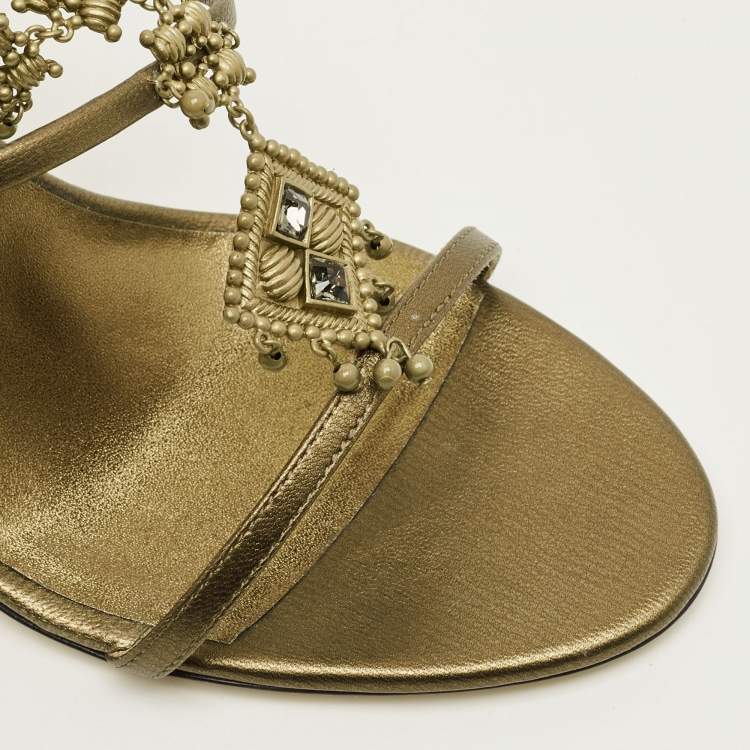 Pre Owned Giuseppe Zanotti Amira Size 37 Olive Green Leather Charm Embellished Gladiator Sandals