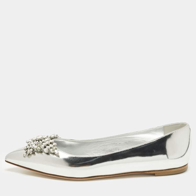 Pre Owned Giuseppe Zanotti Size 38 Silver Leather Crystal Embellished Ballet Flats