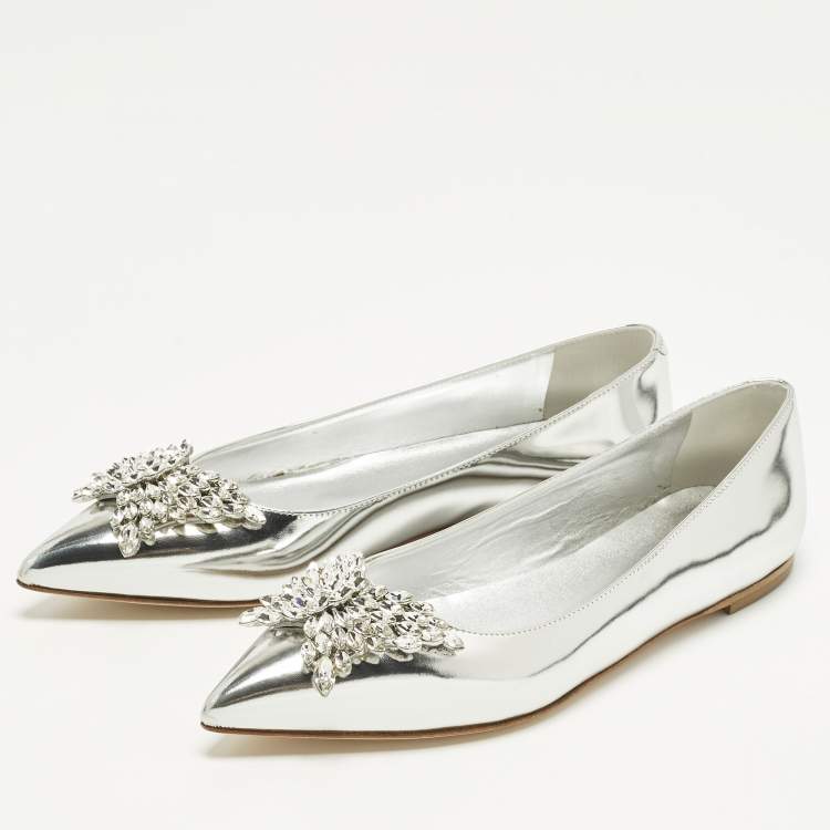 Pre Owned Giuseppe Zanotti Size 38 Silver Leather Crystal Embellished Ballet Flats