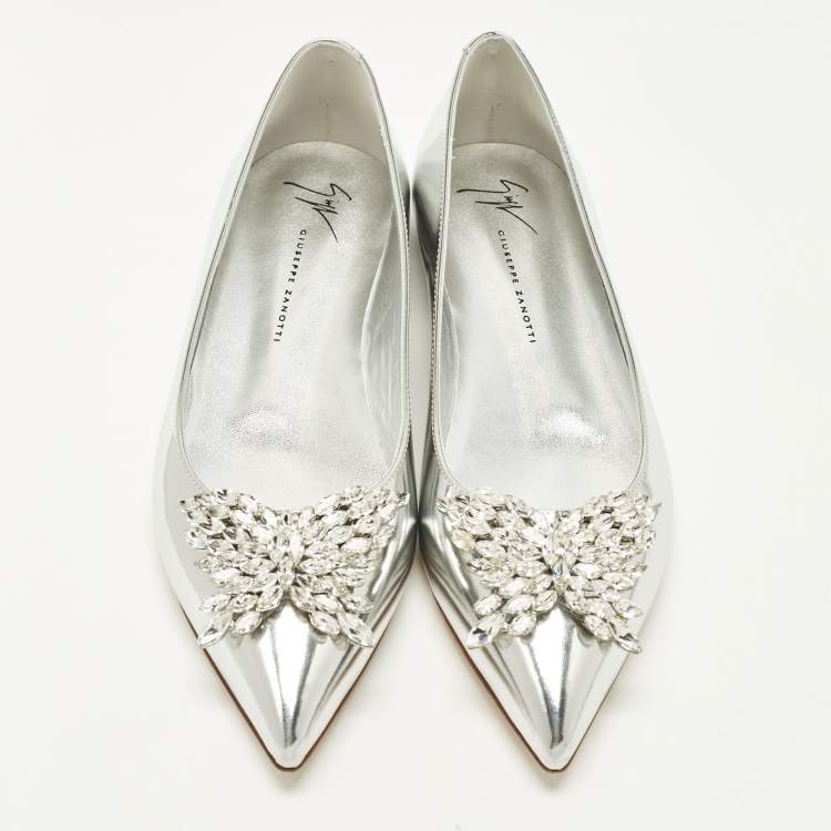 Pre Owned Giuseppe Zanotti Size 38 Silver Leather Crystal Embellished Ballet Flats