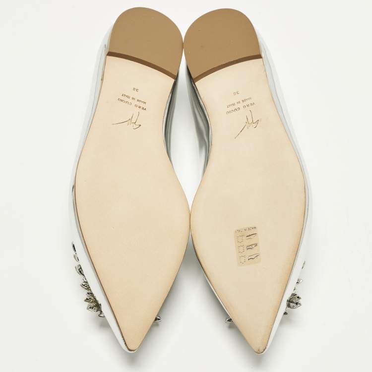 Pre Owned Giuseppe Zanotti Size 38 Silver Leather Crystal Embellished Ballet Flats