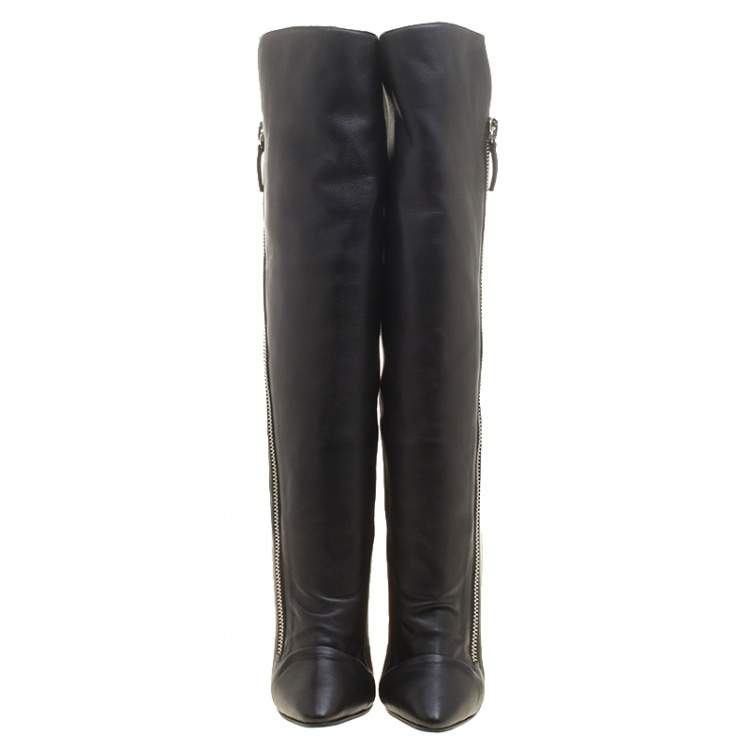 Pre Owned Giuseppe Zanotti Black Leather and Fur Lining Guaz Knee Boots Size 37
