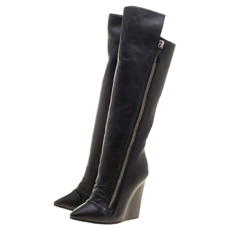 Pre Owned Giuseppe Zanotti Black Leather and Fur Lining Guaz Knee Boots Size 37