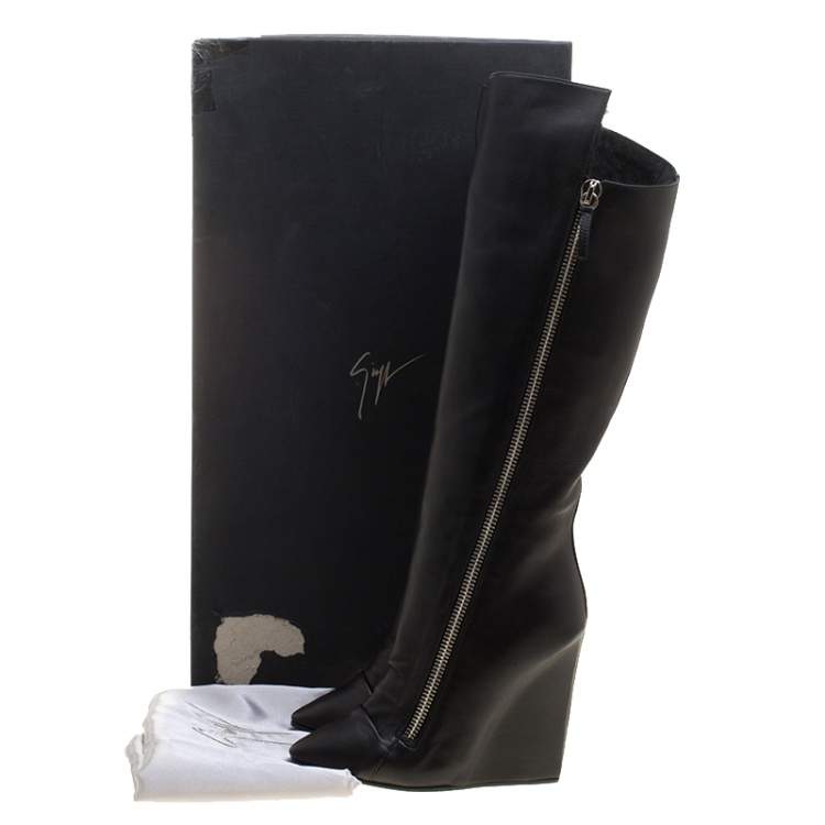 Pre Owned Giuseppe Zanotti Black Leather and Fur Lining Guaz Knee Boots Size 37