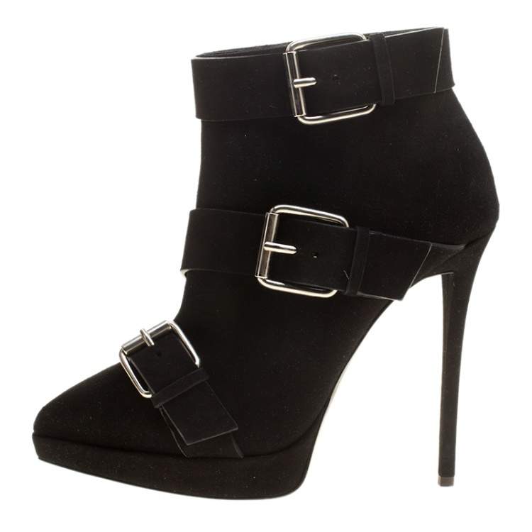 Pre Owned Giuseppe Zanotti Black Buckled Suede Platform Ankle Boots Size 38.5