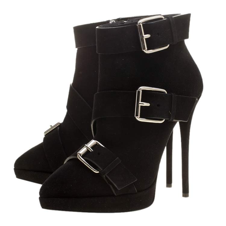 Pre Owned Giuseppe Zanotti Black Buckled Suede Platform Ankle Boots Size 38.5
