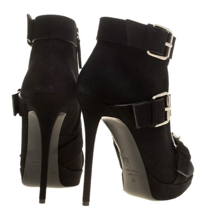 Pre Owned Giuseppe Zanotti Black Buckled Suede Platform Ankle Boots Size 38.5