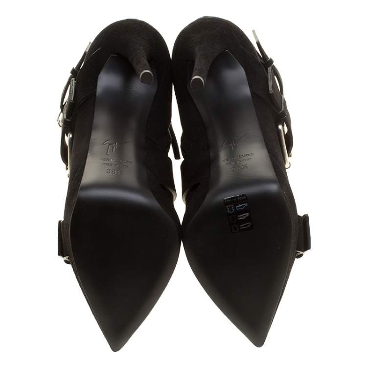 Pre Owned Giuseppe Zanotti Black Buckled Suede Platform Ankle Boots Size 38.5