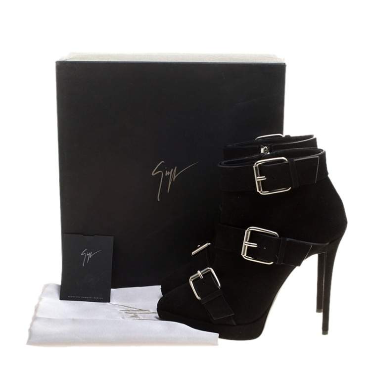 Pre Owned Giuseppe Zanotti Black Buckled Suede Platform Ankle Boots Size 38.5