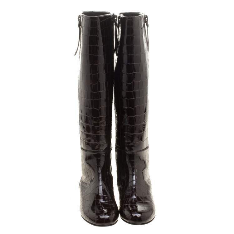 Pre Owned Giuseppe Zanotti Brown Croc Embossed Patent Ringotto Over the Knee Boots Size 36