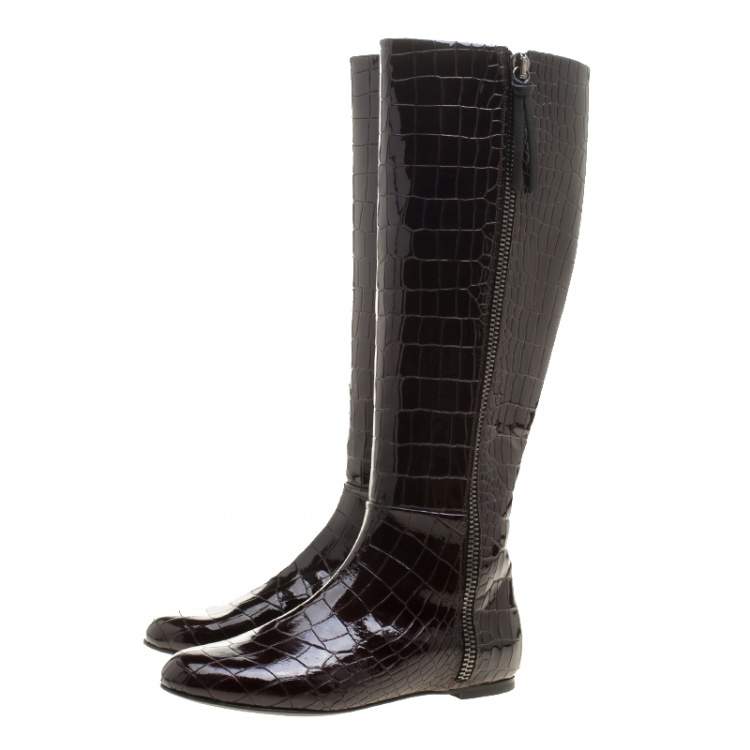 Pre Owned Giuseppe Zanotti Brown Croc Embossed Patent Ringotto Over the Knee Boots Size 36