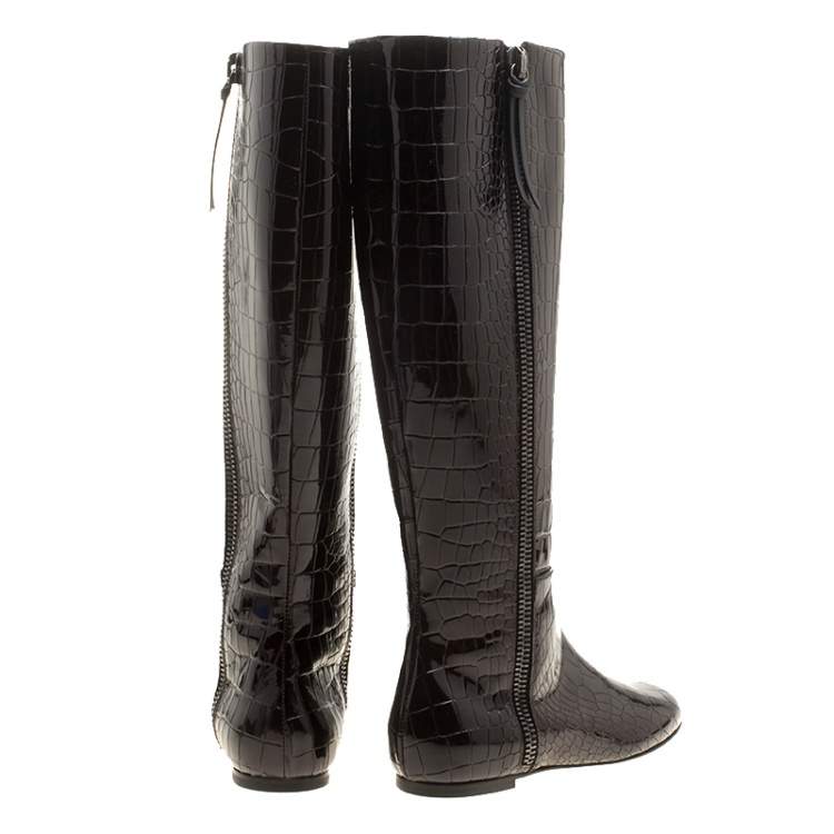 Pre Owned Giuseppe Zanotti Brown Croc Embossed Patent Ringotto Over the Knee Boots Size 36