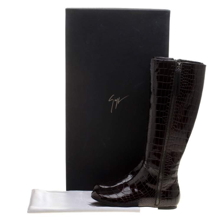 Pre Owned Giuseppe Zanotti Brown Croc Embossed Patent Ringotto Over the Knee Boots Size 36