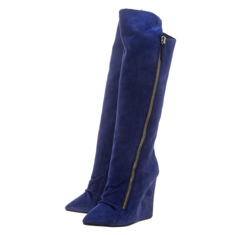 مملوكة مسبقًا Giuseppe Zanotti Blue Suede Guaz Fur Lined Wedge Knee Boots Size 39