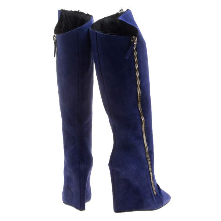 مملوكة مسبقًا Giuseppe Zanotti Blue Suede Guaz Fur Lined Wedge Knee Boots Size 39