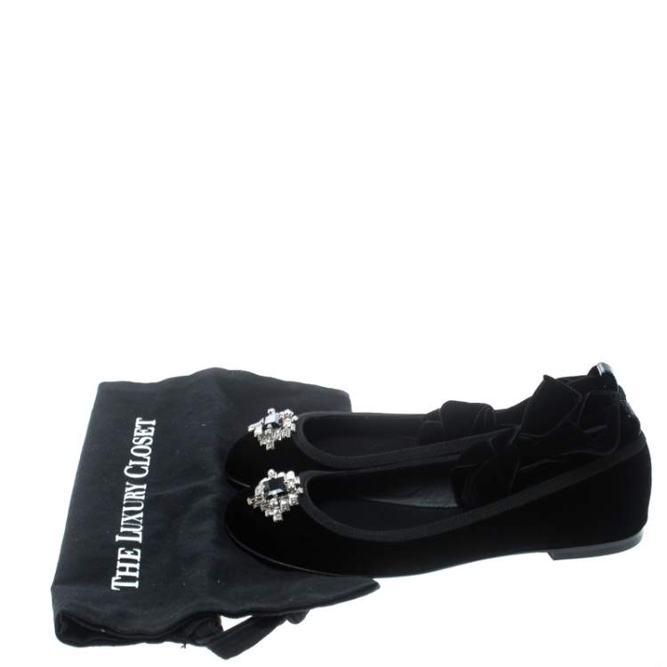 Pre Owned Giuseppe Zanotti Black Velvet Giorgia Crystal Crooch Ankle Wrap Ballet Flats Size 38