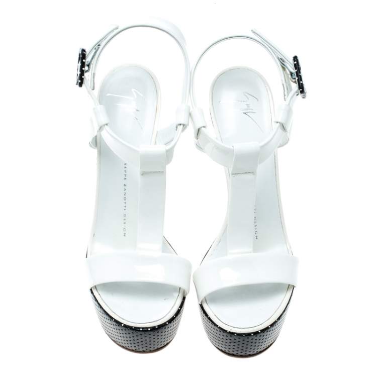 Pre Owned Giuseppe Zanotti White Patent Leather Heel Less T-Strap Wedge Sandals Size 37.5