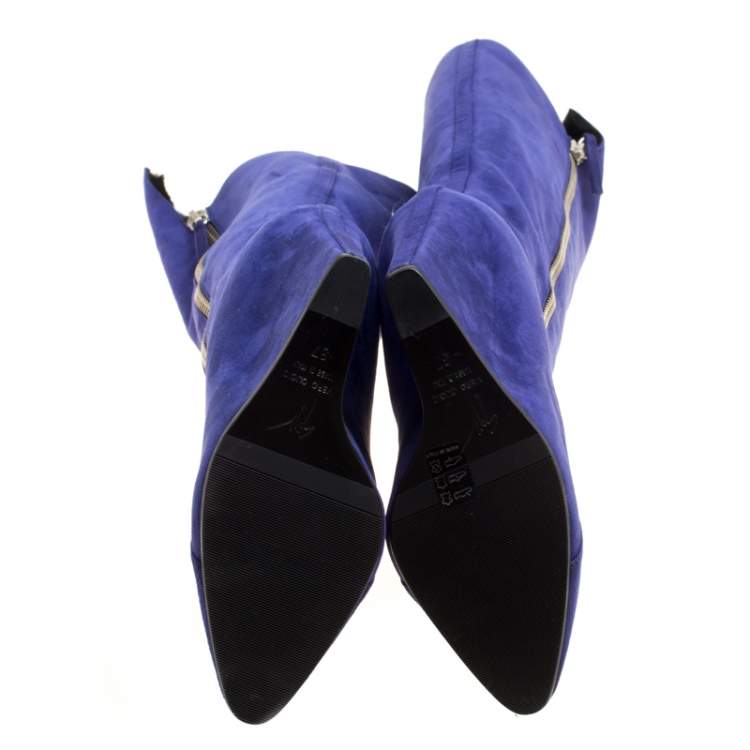 Pre Owned  Giuseppe Zanotti Blue Suede Faux Fur Lined Wedge Knee Boots Size 37