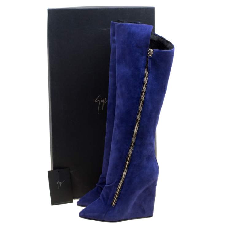Pre Owned  Giuseppe Zanotti Blue Suede Faux Fur Lined Wedge Knee Boots Size 37