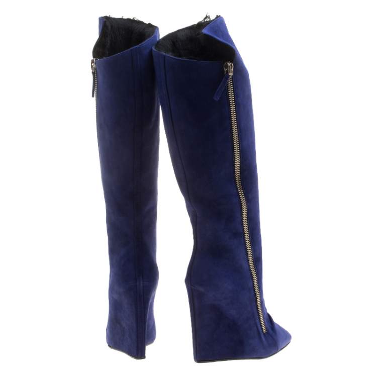 Pre Owned  Giuseppe Zanotti Blue Suede Faux Fur Lined Wedge Knee Boots Size 37