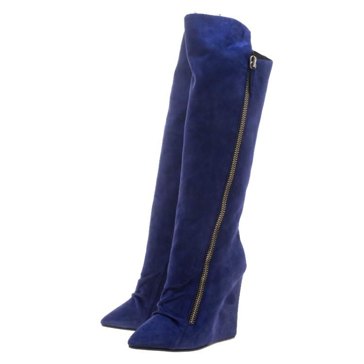 Pre Owned  Giuseppe Zanotti Blue Suede Faux Fur Lined Wedge Knee Boots Size 37