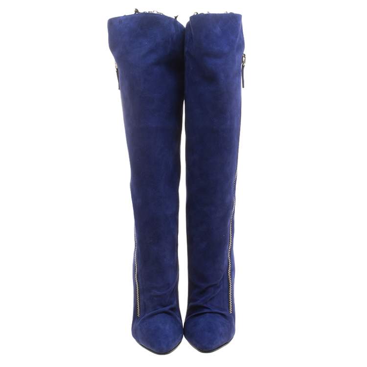 Pre Owned  Giuseppe Zanotti Blue Suede Faux Fur Lined Wedge Knee Boots Size 37