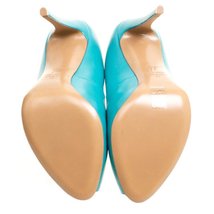 Pre Owned Giuseppe Zanotti Aqua Blue Leather Peep Toe Pumps Size 39