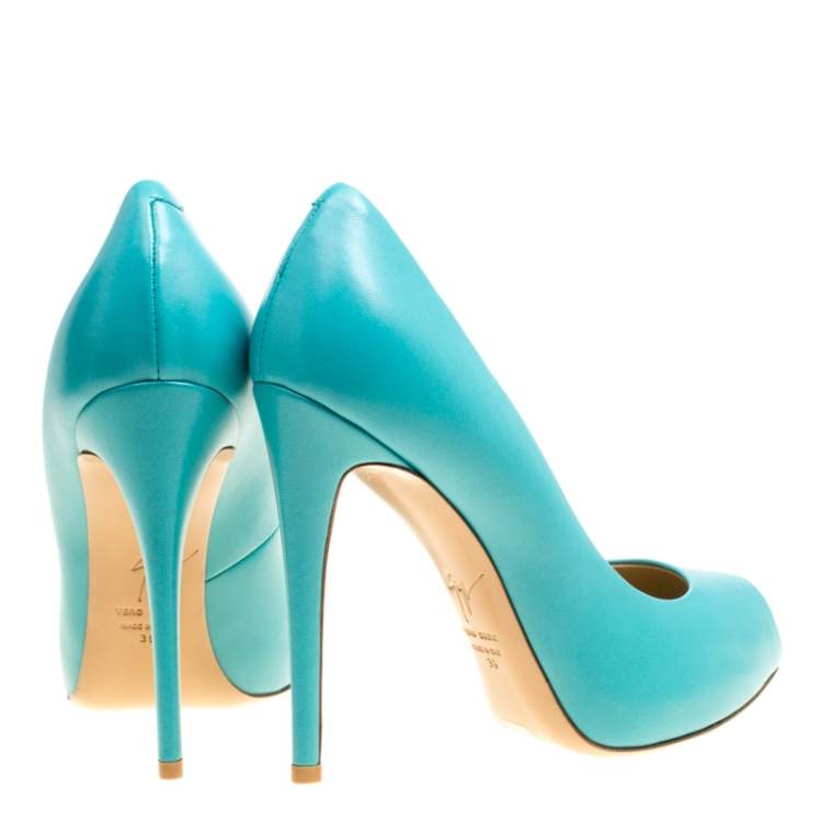 Pre Owned Giuseppe Zanotti Aqua Blue Leather Peep Toe Pumps Size 39