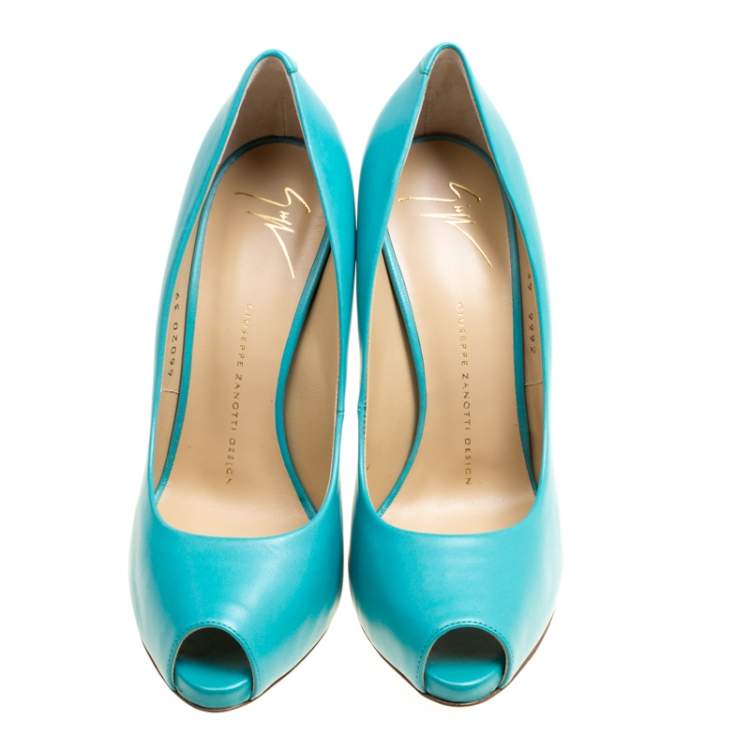 Pre Owned Giuseppe Zanotti Aqua Blue Leather Peep Toe Pumps Size 39