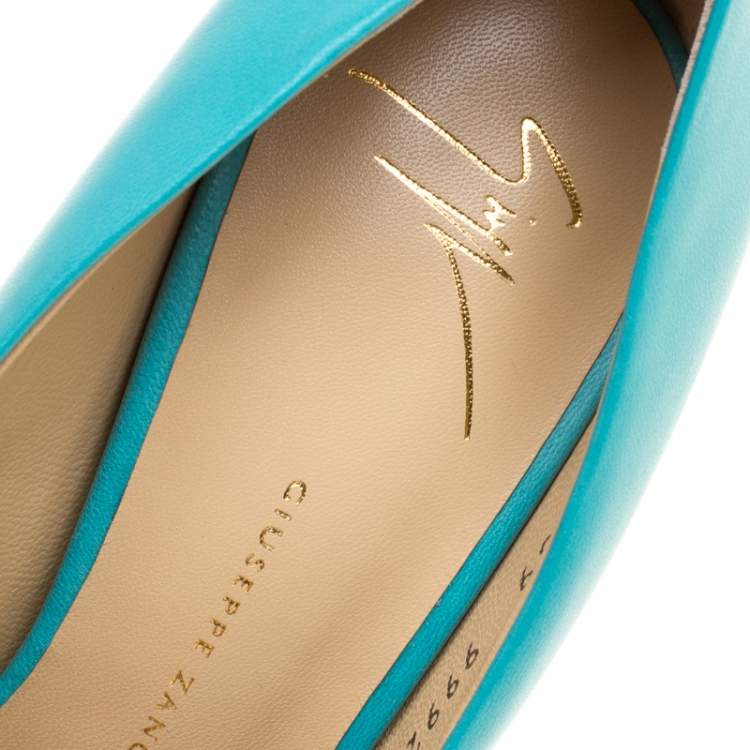 Pre Owned Giuseppe Zanotti Aqua Blue Leather Peep Toe Pumps Size 39