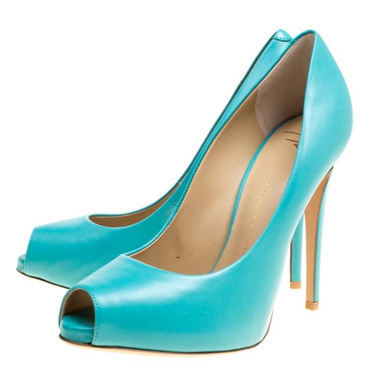 Pre Owned Giuseppe Zanotti Aqua Blue Leather Peep Toe Pumps Size 39