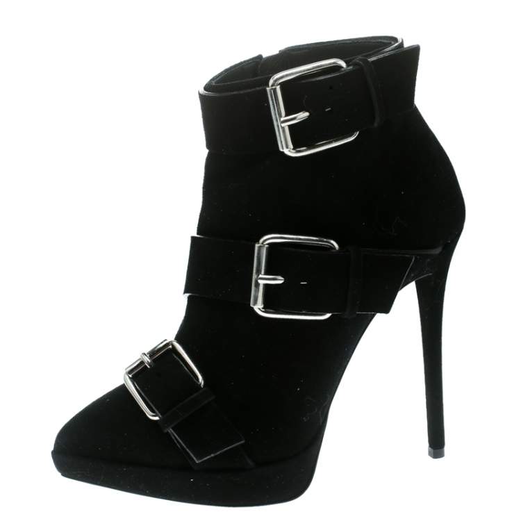 Pre Owned Giuseppe Zanotti Black Buckled Suede Platform Ankle Boots Size 37