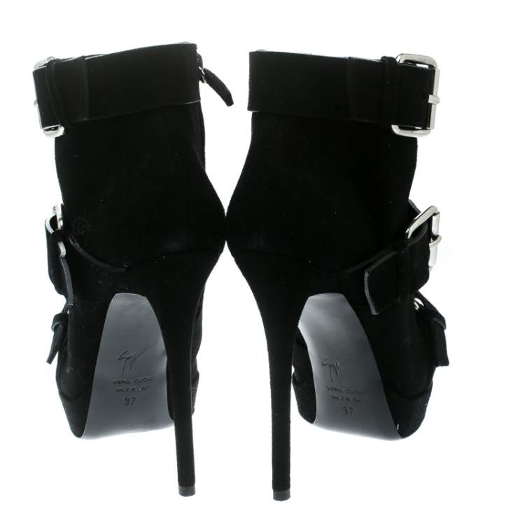 Pre Owned Giuseppe Zanotti Black Buckled Suede Platform Ankle Boots Size 37