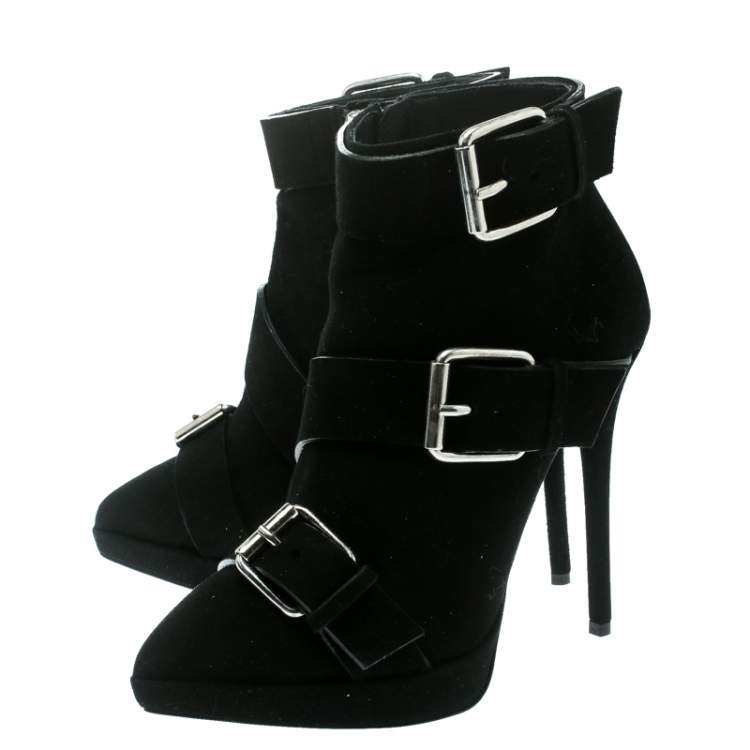 Pre Owned Giuseppe Zanotti Black Buckled Suede Platform Ankle Boots Size 37