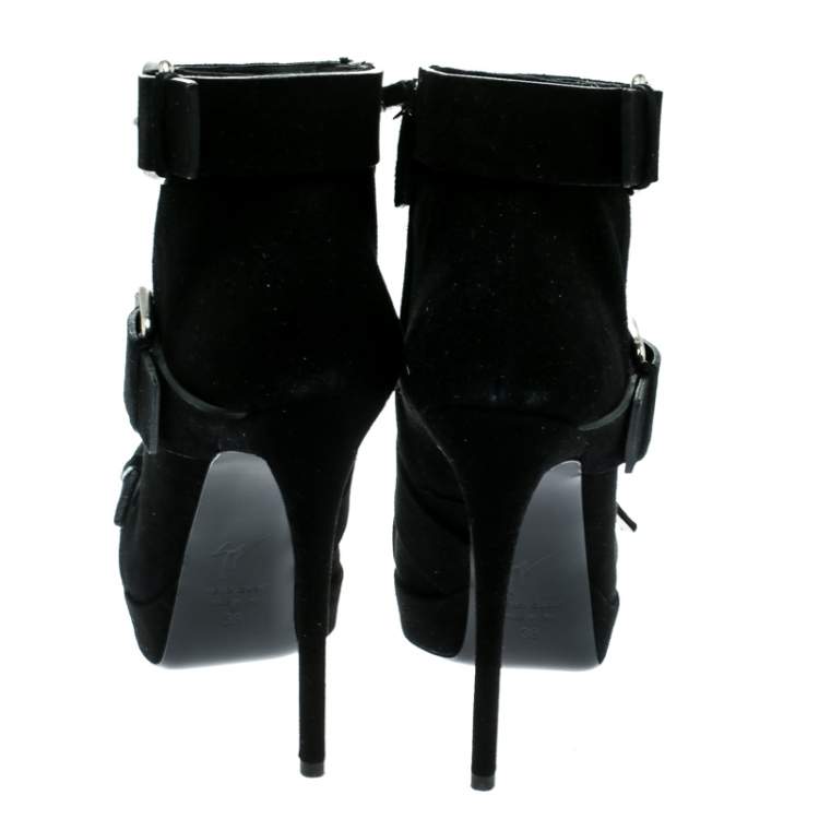 Pre Owned Giuseppe Zanotti Black Buckled Suede Platform Ankle Boots Size 38